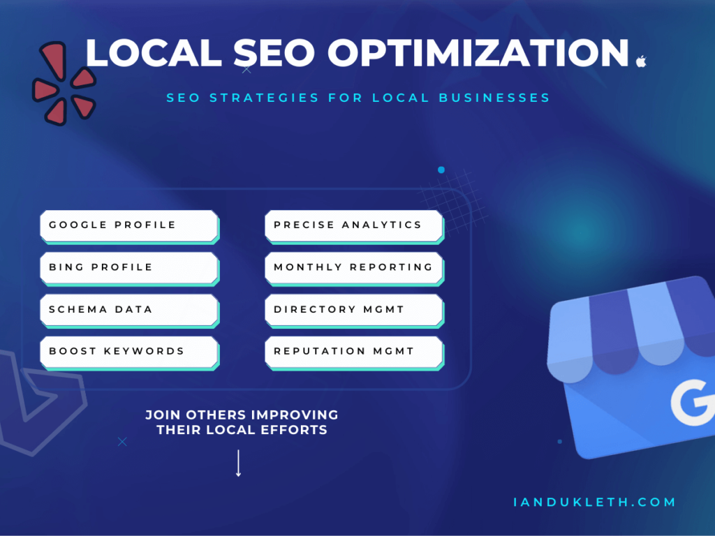 local seo optimization graphic displaying list of local seo services offered.