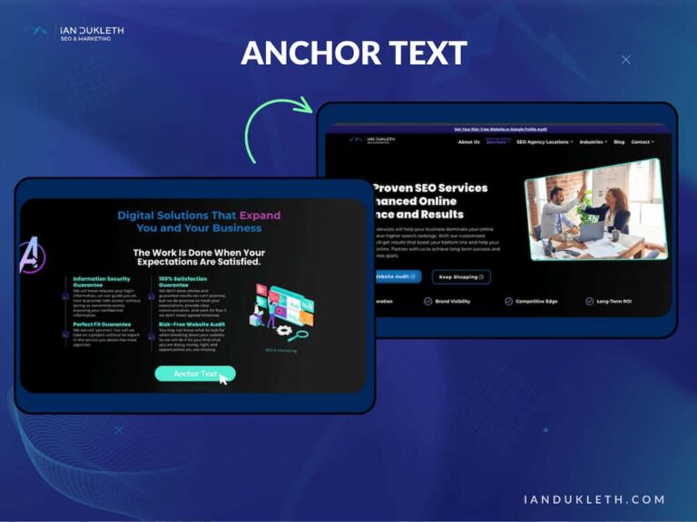 visual representation of how anchor text works showing 1 screen with anchor text being clicked going to the next screen (landing page of linked anchor text).