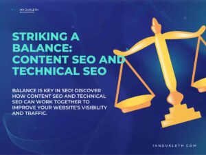 content seo vs technical seo graphic with balancing scale and page information.